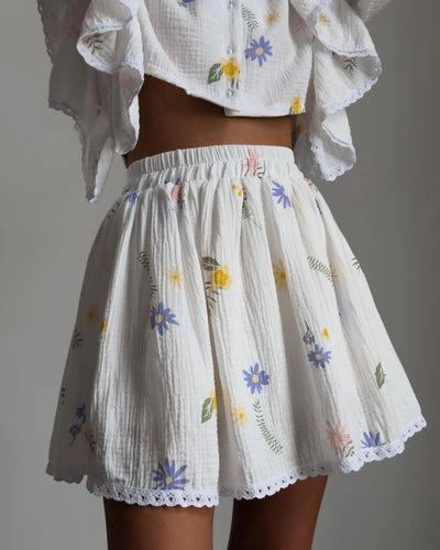 Women Cotton Linen Print Loose Suit Women Lantern Sleeve Ruffles V-neck Patchwork Single-Breasted Top High Waist Mini Skirt Suit