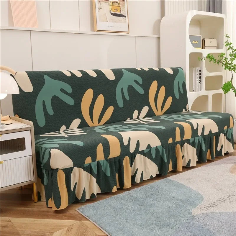 1/2/3Seater Sofa Bed Cover with Skirt Elastic Printing Seat Cover Armless Sofa Bed Cover Sofa Covers for Living Room Home Decor