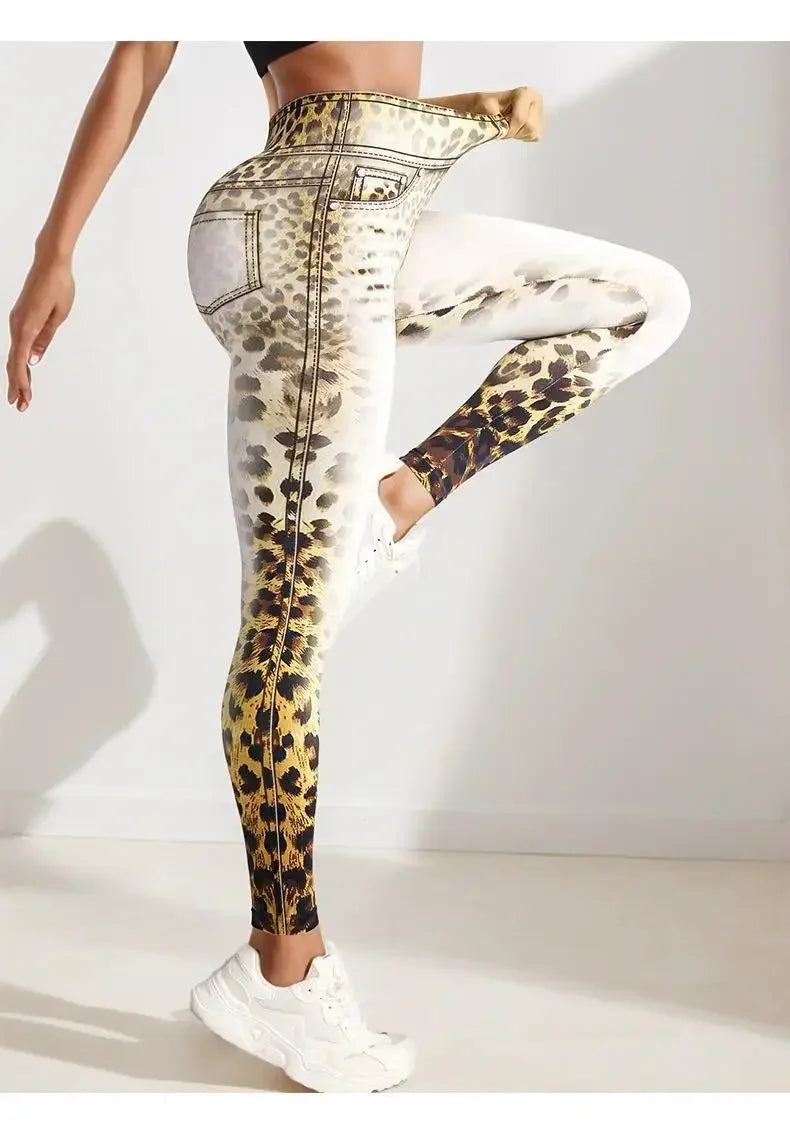 Leopard Print Yoga Pants Seamless Bleaching Print High Waist Peach Buttock Fitness Sports Trousers Breathable