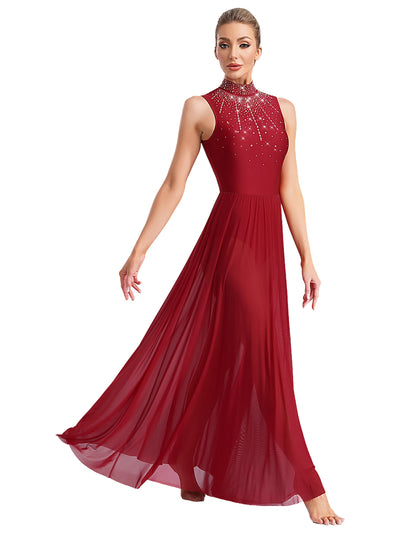 Women Lyrical Contemporary Ballroom Modern Dance Costume Dancing Prom Gown Side Split Maxi Dress for Ballet Gymnastics Skating