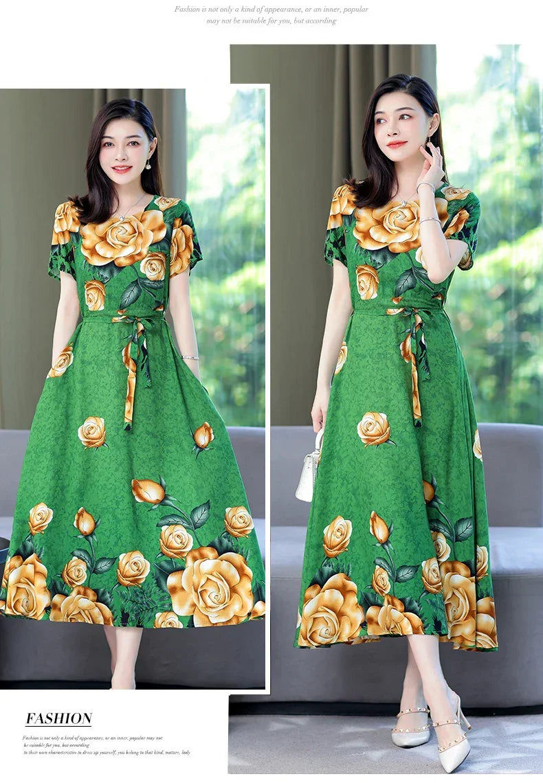 New Fashion 2024 Print Summer Dresses For Women Short Sleeve O-Neck Elegant Summer Dress Woman Clothing