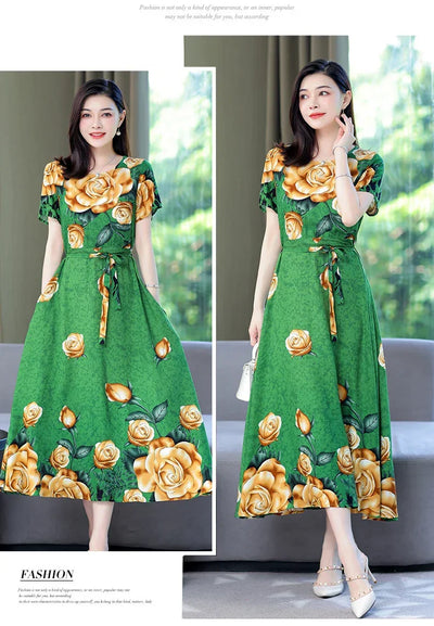 New Fashion 2024 Print Summer Dresses For Women Short Sleeve O-Neck Elegant Summer Dress Woman Clothing