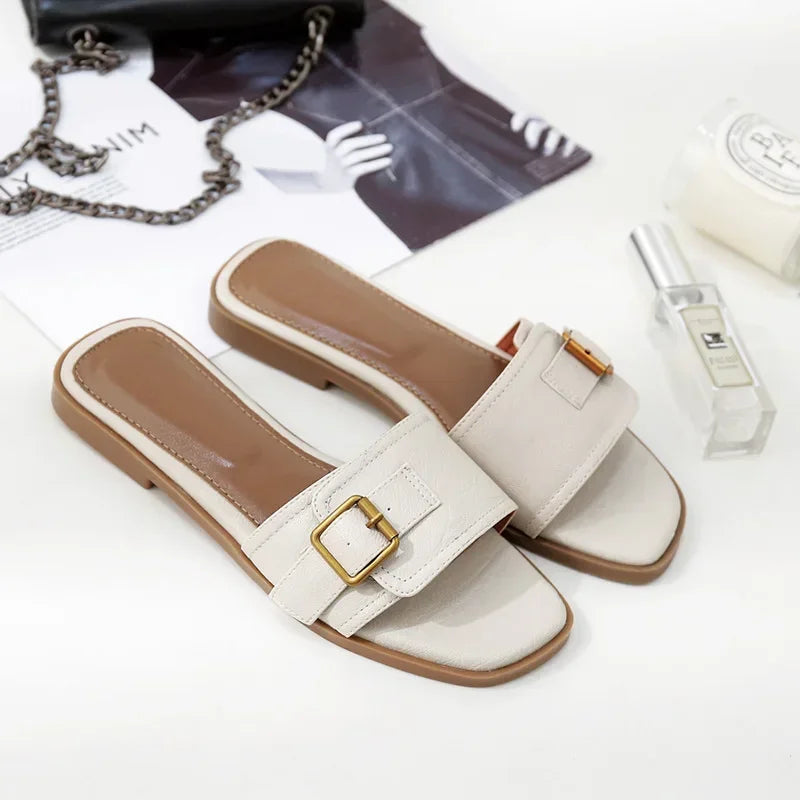 Summer Women Slippers Leather Square Toe Women Flats Flip Flops Designer Ladies Slides Sandals Women Shoes Luxury Sandals