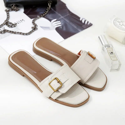Summer Women Slippers Leather Square Toe Women Flats Flip Flops Designer Ladies Slides Sandals Women Shoes Luxury Sandals
