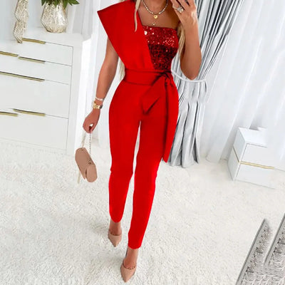 Summer Bodysuit Sexy Party Overalls Solid Sleeveless Women Jumpsuit Long Pants Rompers Lace-up Slim-fit Sequin Women's Trousers