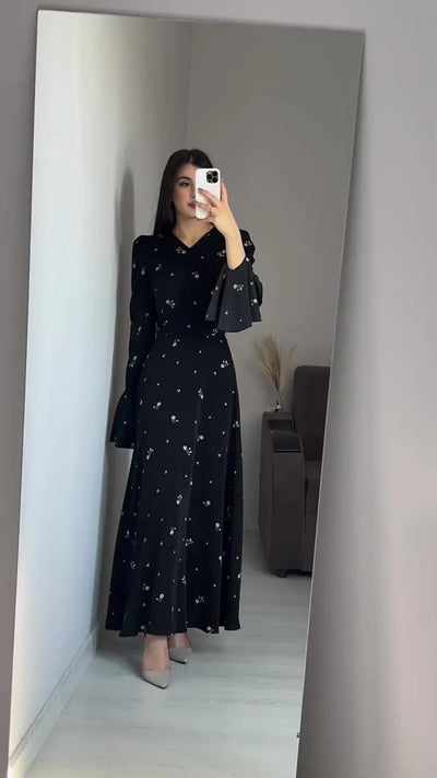 Elegant Dresses for Women Spring Summer New Printing Lotus Leaf Sleeve V Neck Dress Fashionable Slim Fit Women's Evening Dress
