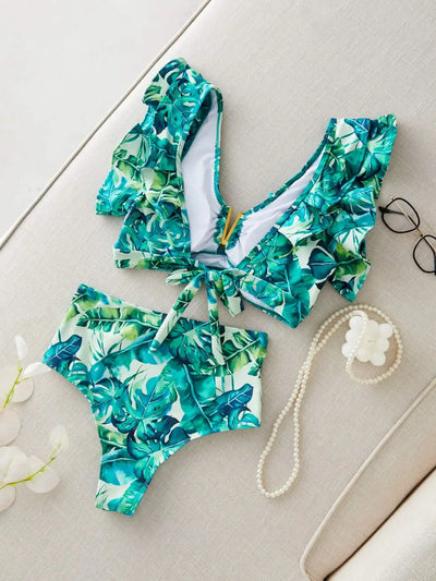 Swimwear High Waist Bikinis with Belt V Neck Shirring Swimsuit Women Ruffle Bathing Suit y2k Drawstring Beachwear