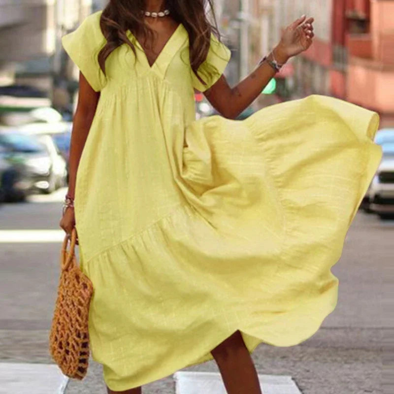 Bohemian Summer Dress for Women V Neck Vestidos Ladies Streetwear Solid Ruffle Dresses Asymmetrical Loose Robe Women Clothing