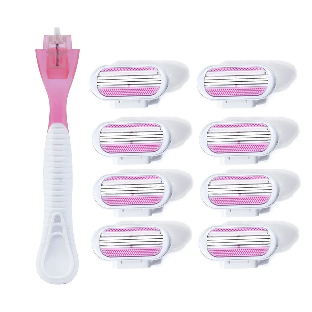 Women's Safety Razor - 1 Handle + 8 Replaceable 3-Layer Stainless Steel Blades, Pink Shaver Head for Smooth Hair Removal