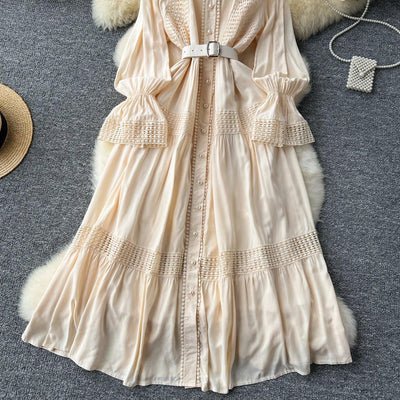 Retro Elegant Summer Stand Collar Flare Sleeve Single Breasted Lace Spliced Dress A-line French Evening Party Women Dresses