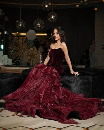Sharon Said Dubai Luxury Wine Red Evening Dress with Ruffled Strapless for Women Wedding Party Arabic SF157 Customized
