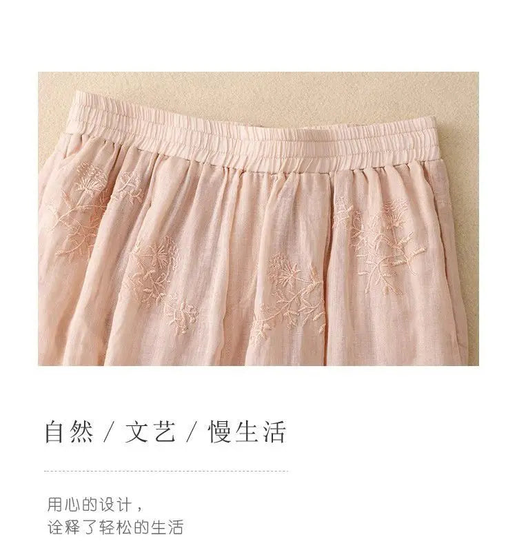 Cotton and Linen Harem Women Summer Vintage Embroidery Lightweight Breathable Lantern Pants