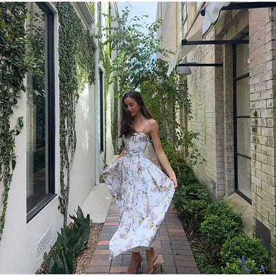 Elegant Women Summer Dresses Floral Printing Strap Backless Sleeveless High Waist Pleated A-line Party Vestidos Chic lady outfit
