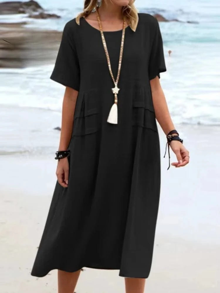2025 Summer Fashion New Women's Elegant Long Cotton and Hemp Dress Round Neck Vacation Short Sleeve Medium Long Dress