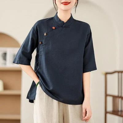 New Women's Retro Cotton Linen Short-sleeved Shirt with Diagonal Placket and Stand-up Collar Tea Top