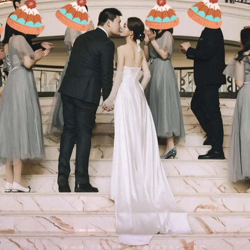 French Hepburn Style Light Wedding Dress 2024 New Elegant Spaghetti Strap Bridal Gown Lace Up Floor-length Vestido De Novia