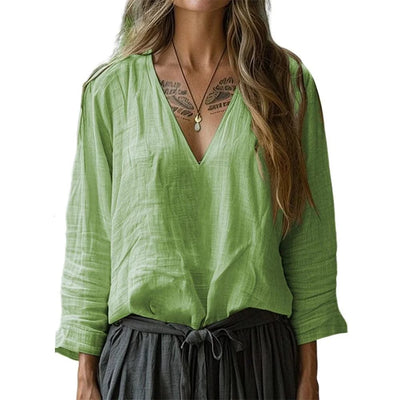 Women Cotton And Linen Top Spring Summer Fashion Casual V-Neck Long Sleeve Loose Pullover Tops Thin Lightweight Comfy Blouse Top