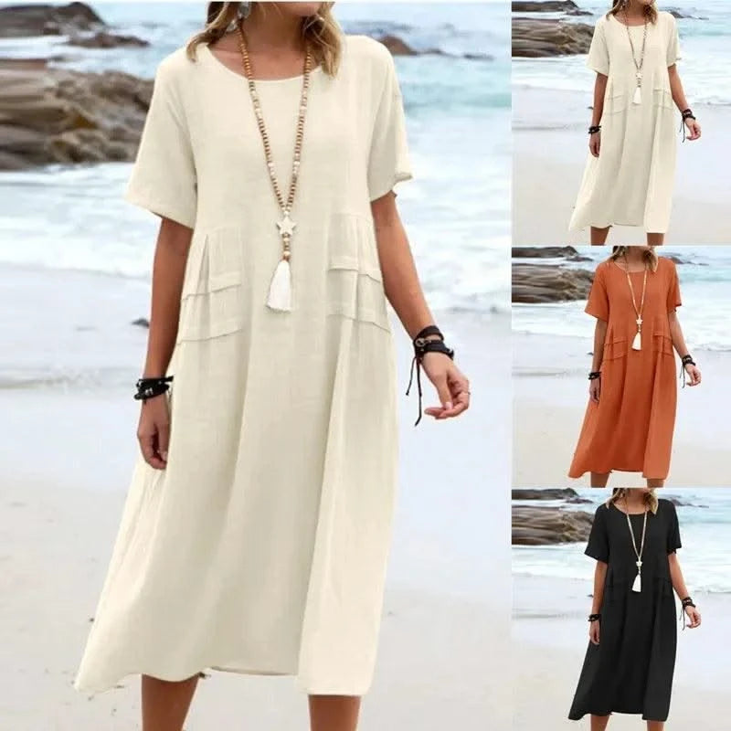 2025 Summer Fashion New Women's Elegant Long Cotton and Hemp Dress Round Neck Vacation Short Sleeve Medium Long Dress