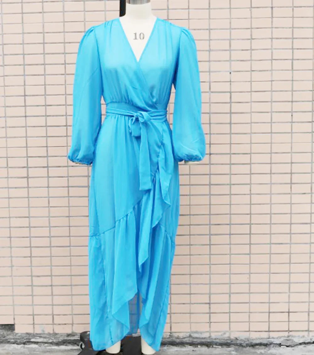 2024 New Lace Up Bikini Cover Ups for Women Maxi Dresses Solid Long Sleeve Beach Dress