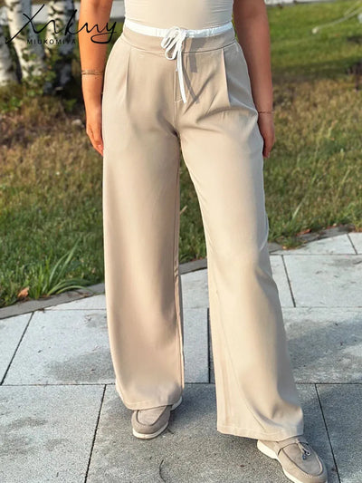 Wide Leg Pants For Women Straight Autumn Coffee Tie Up Casual Trousers Women Gray Loose Pants Ladies Black Trousers Office