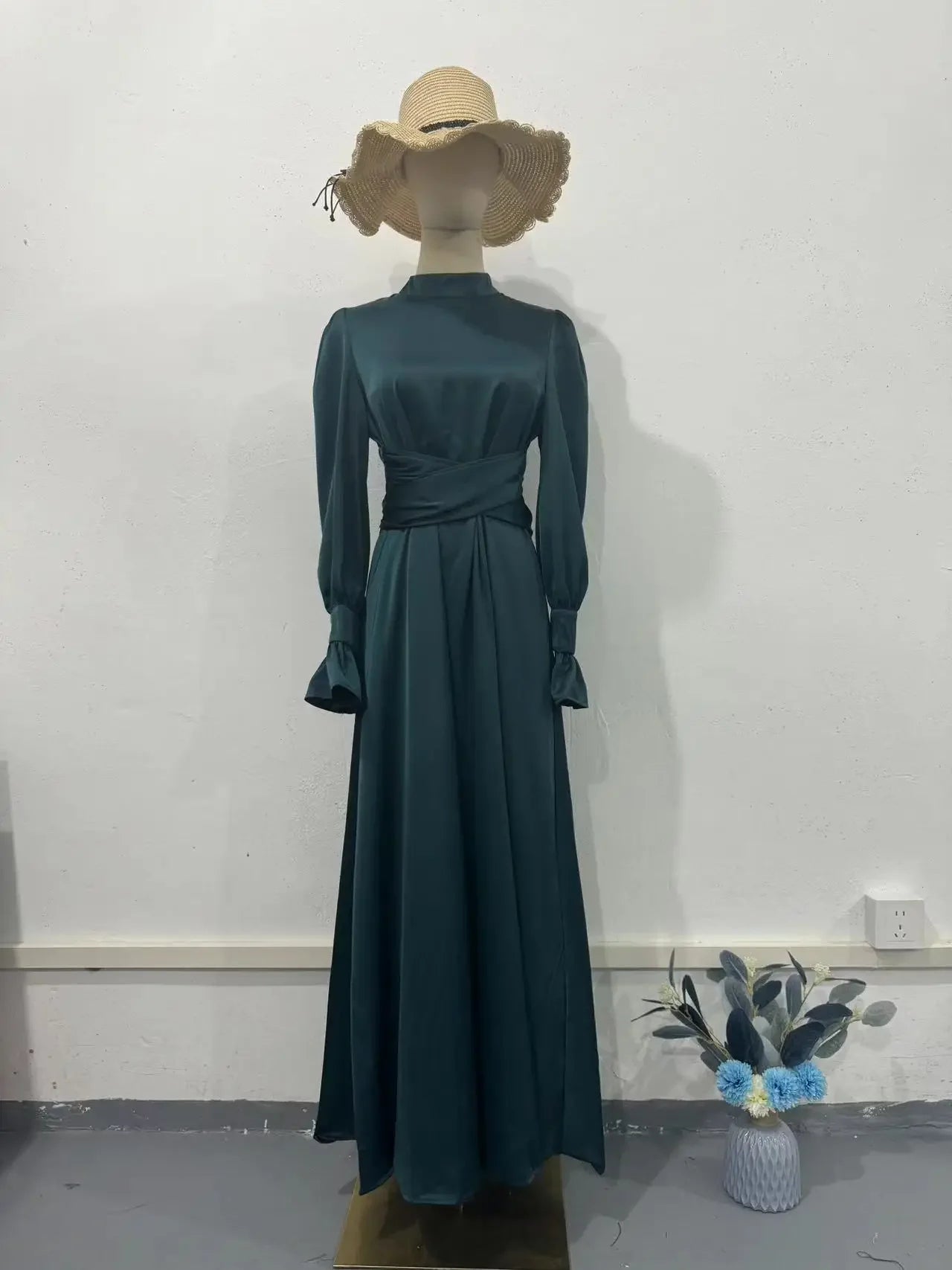 Lotus Sleeve Dress for Women Casual Slim-fit Dress with Belted Waist Abaya Dubai Luxury Turkey Islam Muslim Dress Women Kaftan