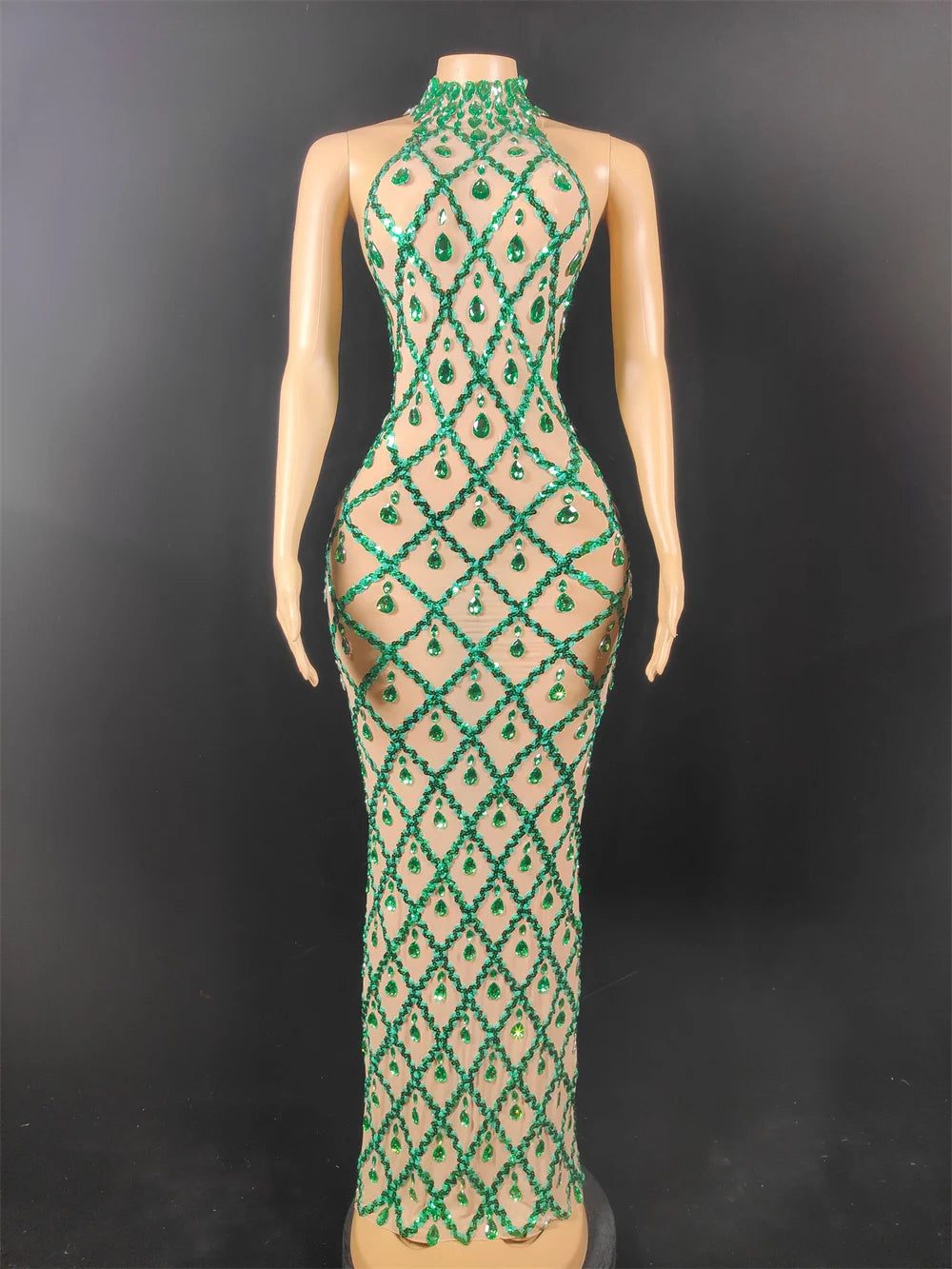 Women Sexy Stage Shining Rhinestone Sequins Dress Evening Prom Birthday Dress Transparent Performance Singer Club Host Dress