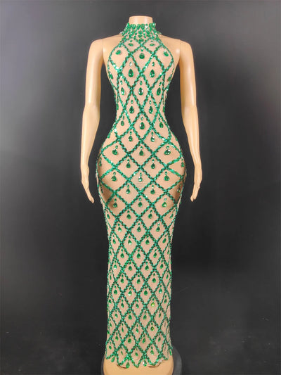 Women Sexy Stage Shining Rhinestone Sequins Dress Evening Prom Birthday Dress Transparent Performance Singer Club Host Dress