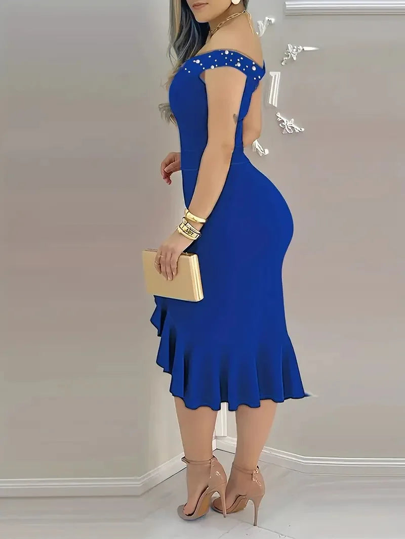 Womens Dresses New Summer Fashion Beaded Off Shoulder Ruffles Slit Hem Elegant Plain Short Sleeve Skinny Midi Party Dress