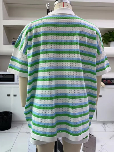 Women Pajamas Set 2 Pieces Loungewear Suits Summer Striped Contrast Color Button Crochet Knit Tops and Shorts Lounge Sets Beach