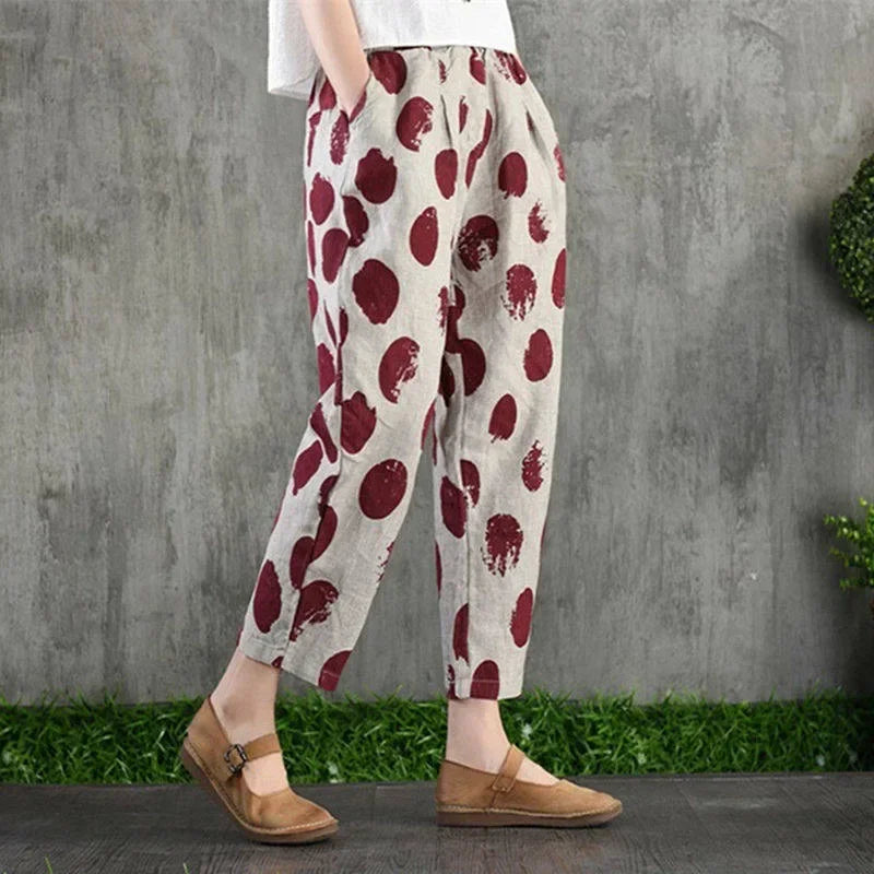 Casual Wide Leg Pants Women Summer Harem Pants for Women Retro Fashion Print Loose Cotton Linen Pants Printed Ankle-Length Pants