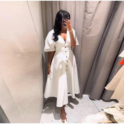 Women's Dress 2025 Summer Autumn New White Short Sleeve Buttons V Neck Midi Dress Casual Fashion Personality Versatile Vestidos