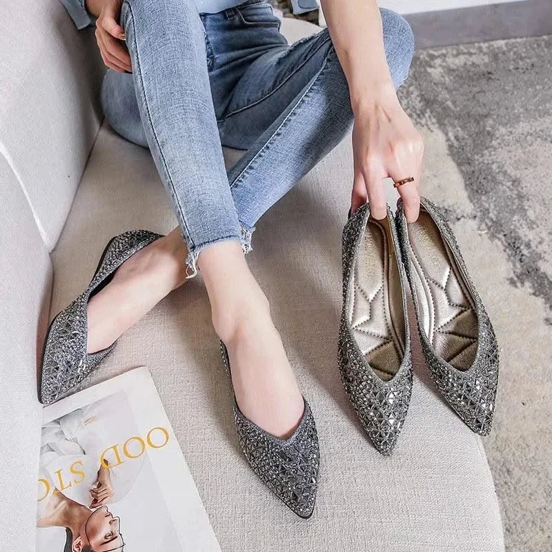 Women's Ballet Rhinestones Flats Female Plus Size 43 Slip on Boat Shoes Chaussure