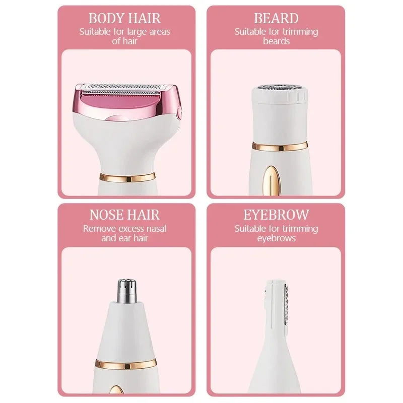 4 in 1 Women's electric epilators Hair trimmers for underarms, bikini, arms, legs, face and beard Portable and painless epilator