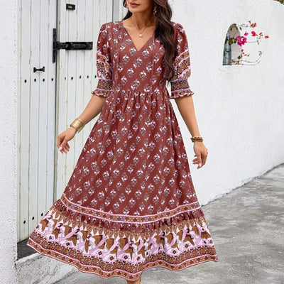 dresses for women Fashion summer Casual long dresses Bohemian V-Neck Printed High Waisted Big Swing Dress vestidos cortos