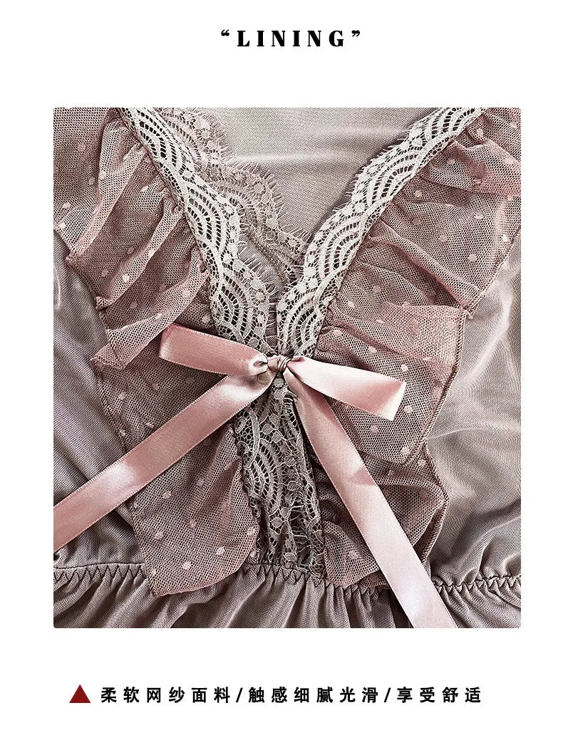 Women's Sexy Lingerie Nightgown Semi Sheer Babydoll Sleepwear Dress With Polka Dots Bow Knot Decor Summer Mesh V-Neck Loungewear