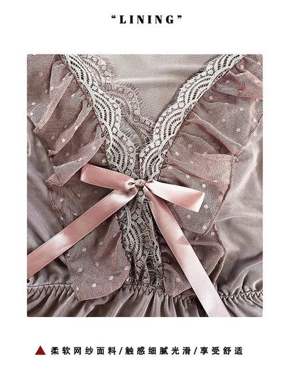 Women's Sexy Lingerie Nightgown Semi Sheer Babydoll Sleepwear Dress With Polka Dots Bow Knot Decor Summer Mesh V-Neck Loungewear