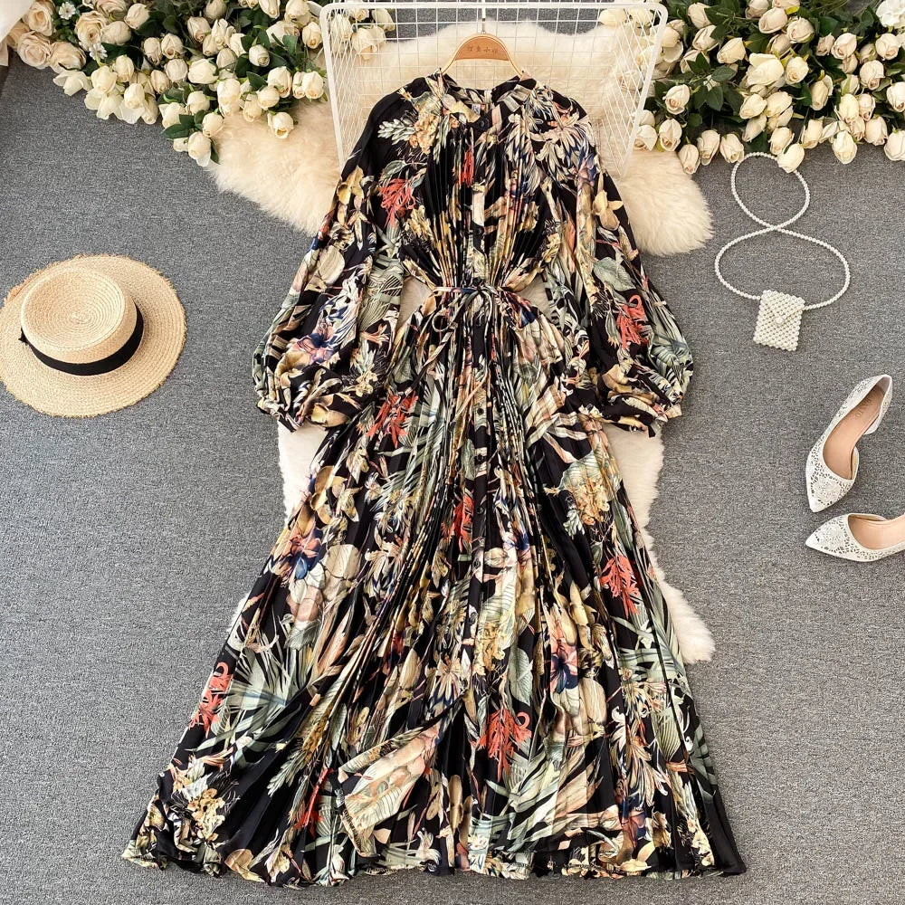 Retro Print Elegant Pleated Lace-up Chiffon Long Sleeve Dress A-line Blouse French Casual V-neck High Waist Women Summer Dresses