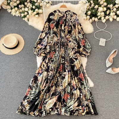 Retro Print Elegant Pleated Lace-up Chiffon Long Sleeve Dress A-line Blouse French Casual V-neck High Waist Women Summer Dresses