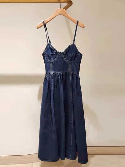 Women's vintage denim dress with suspenders and sleeveless tube top, fashionable design midi robe