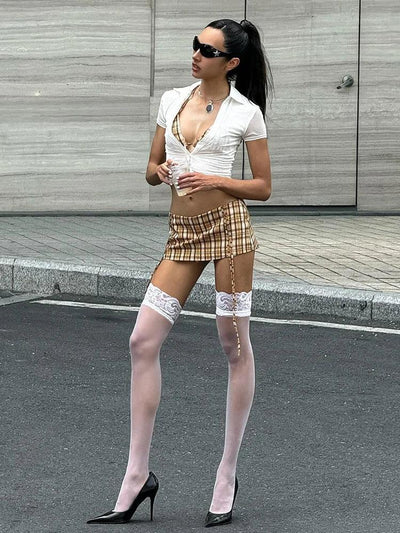 Whatiwear Street Fashion 3 Piece Set Women Polo-Neck Single-Breasted Blouse+Halter Bra+Plaid Print Shirring Skirts Y2K Style Set