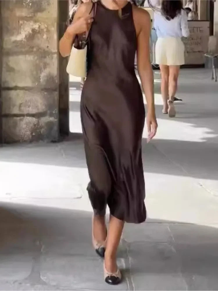 Women's Elegant Satin Sleeveless Midi Dress Fashion Solid Color O Neck Slim Fit Dresses Female Stylish Street Party Vestido 2024