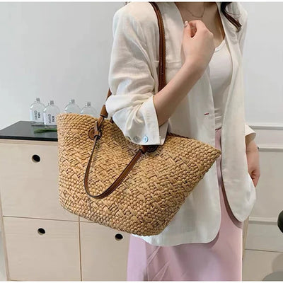 Designer Bohemian Chic Shoulder Bag,Solid Color Large Capacity Straw Woven Tote Bag,Nature-Inspired Beach Vacation Women Handbag
