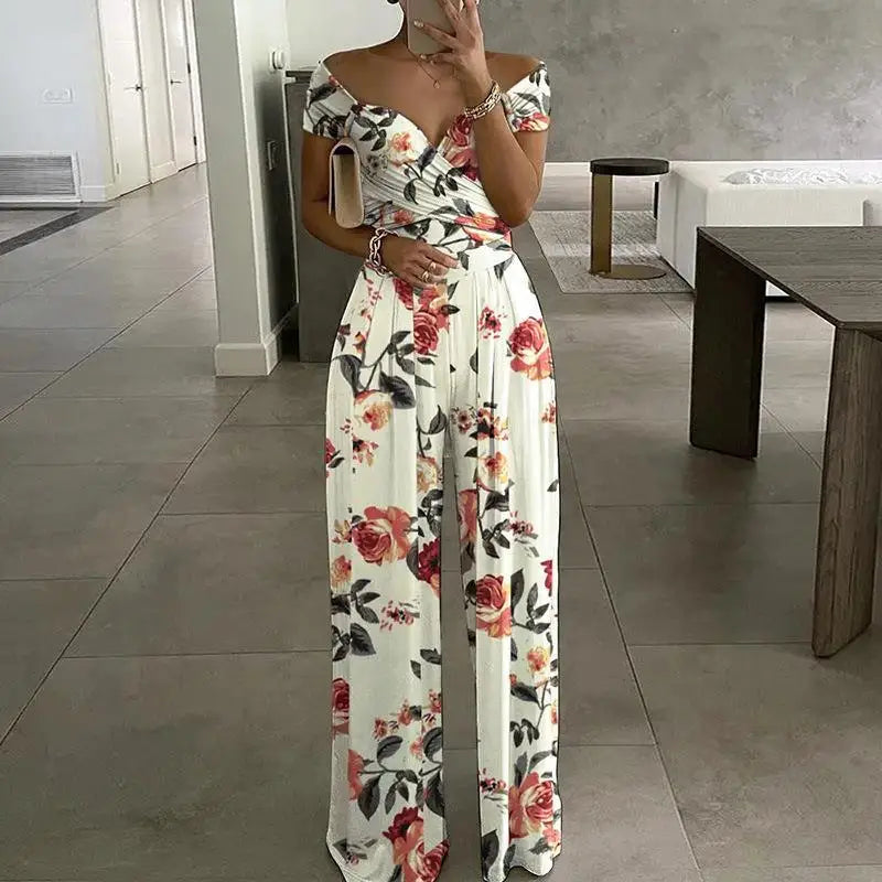 Women's Fashion Printed Casual High Waist Jumpsuit Ladies Sexy Off Shoulder Flower Short Sleeve Wide Leg Jumpsuit Woman Rompers