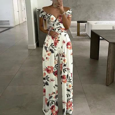 Women's Fashion Printed Casual High Waist Jumpsuit Ladies Sexy Off Shoulder Flower Short Sleeve Wide Leg Jumpsuit Woman Rompers