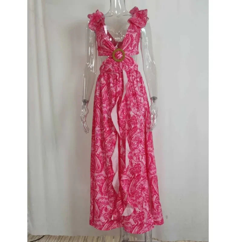 2025 Dress For Women Spring New Printed Deep V Sexy Exposed Waist Hollow Pleated Slit Long Dress Elegant Birthday Party Vestidos - Elanique