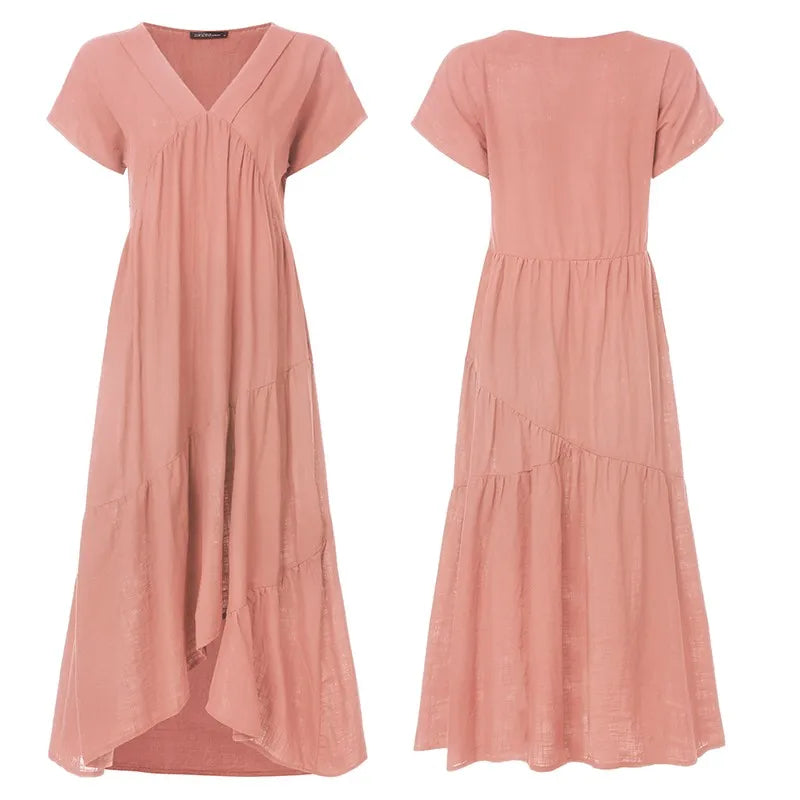 Bohemian Summer Dress for Women V Neck Vestidos Ladies Streetwear Solid Ruffle Dresses Asymmetrical Loose Robe Women Clothing