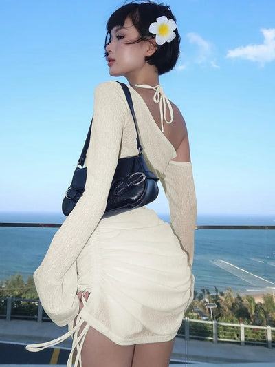 Dulzura Solid Skew Collar Ruched Straps Lace-Up See Through Draw String Mini Dress 2023 Summer  Women Party Clubwear Wholesale