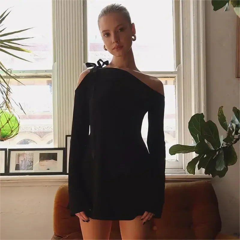 Black Dress For Women Streetwear Lace-up Inclined Collar Hot Vestidos Elegantes Para Mujer Long Sleeve Asymmetrical Y2k Clothes