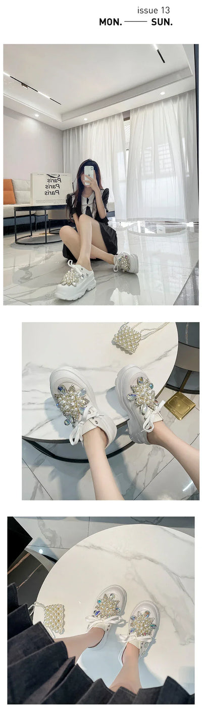 Spring New Women Sneakers Slipper Designer Platform Mules Flat Sandal Sweet Casual Lace Up Pearl Crystal Shallow Ladies Shoes