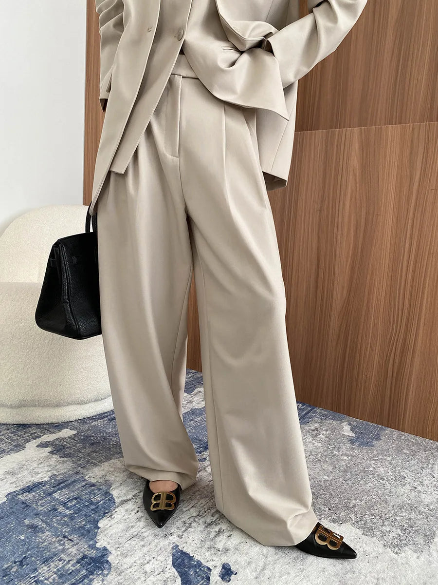 Spring and Autumn Women's Casual Solid Color Loose Jacket+V-neck Vest+Wide Leg Pants Set
